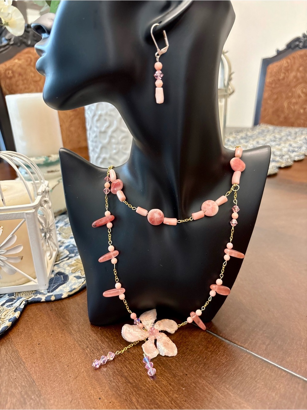 Handcrafted Pink Flower Pendant Necklace and Earrings Set